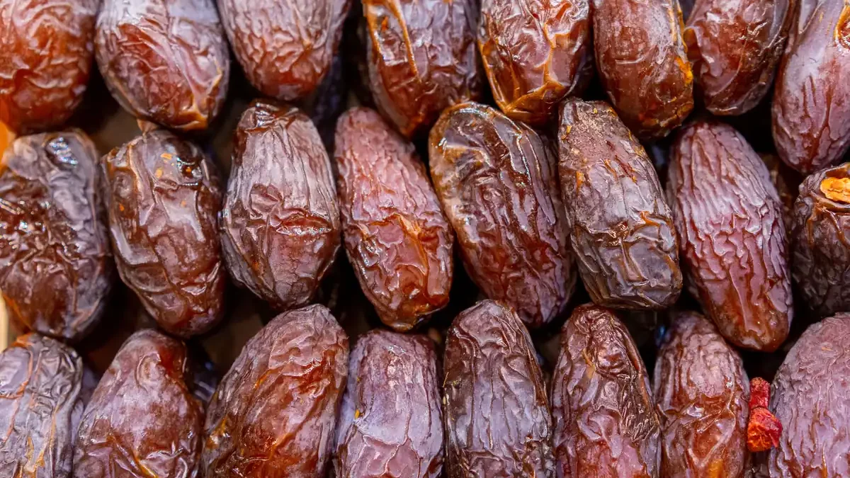 Rows of dark, glossy whole dates