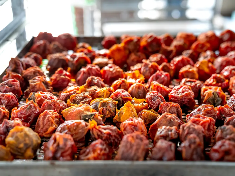 Sun dried tomatoes in bulk for food production.