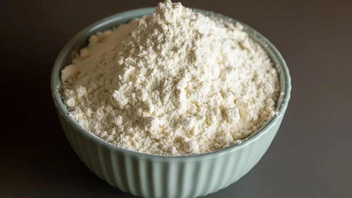 Cream-coloured carob bean gum powder in a bowl