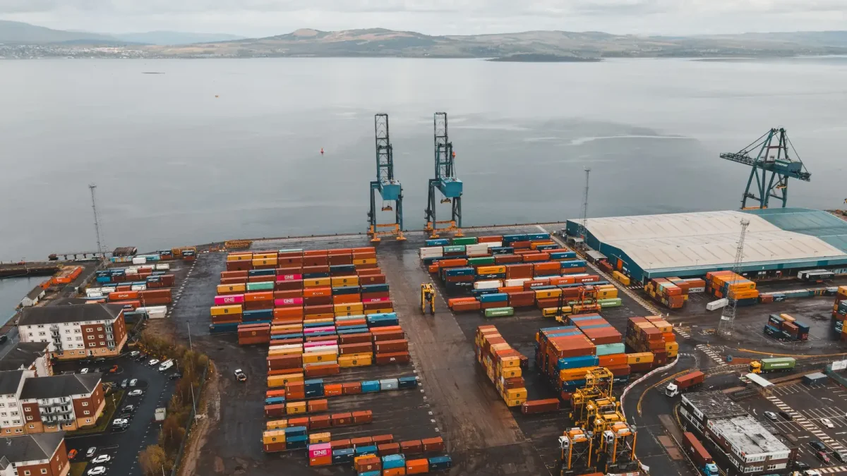 An aerial view of a container terminal handling export freight