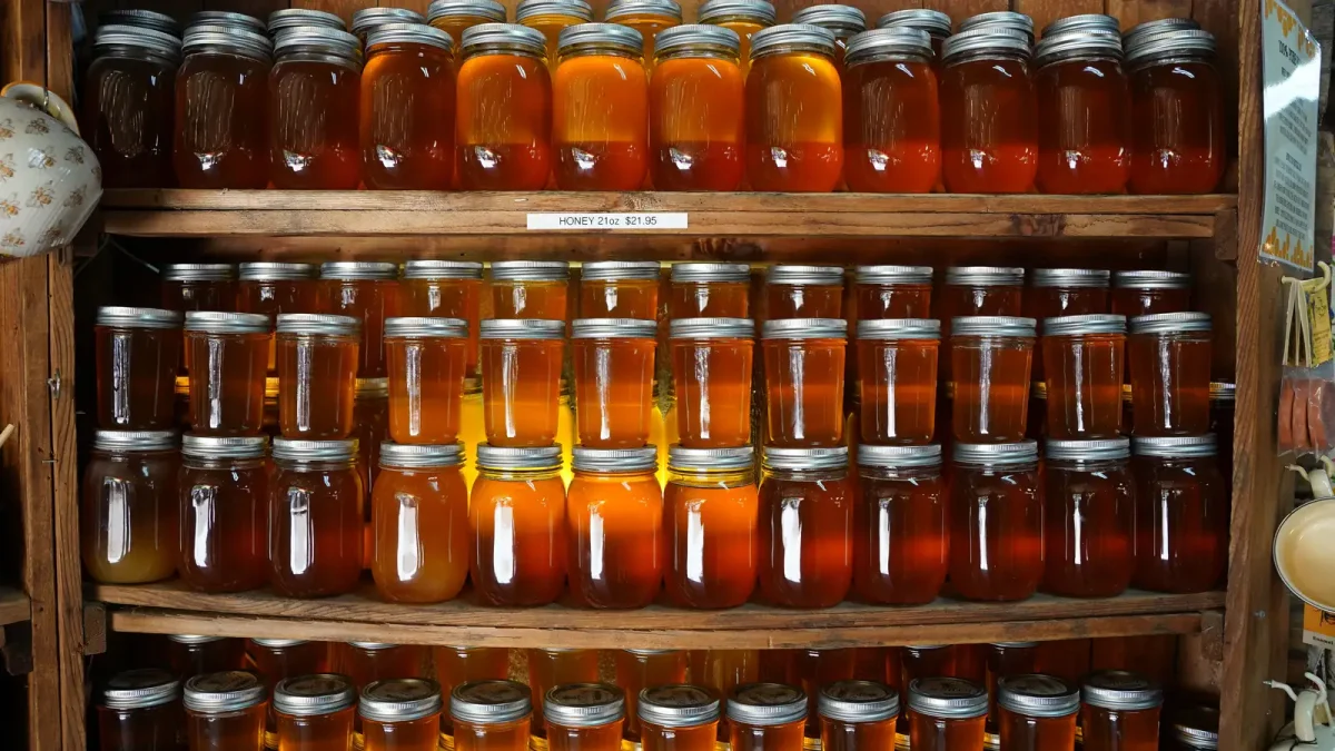 Shelves of jarred syrup