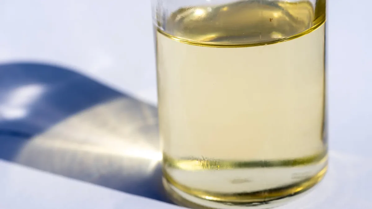 A glass of pale refined olive oil in sunlight