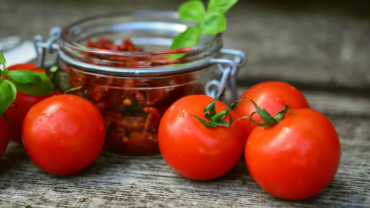 A jar of sun-dried tomatoes in oil beside fresh tomatoes